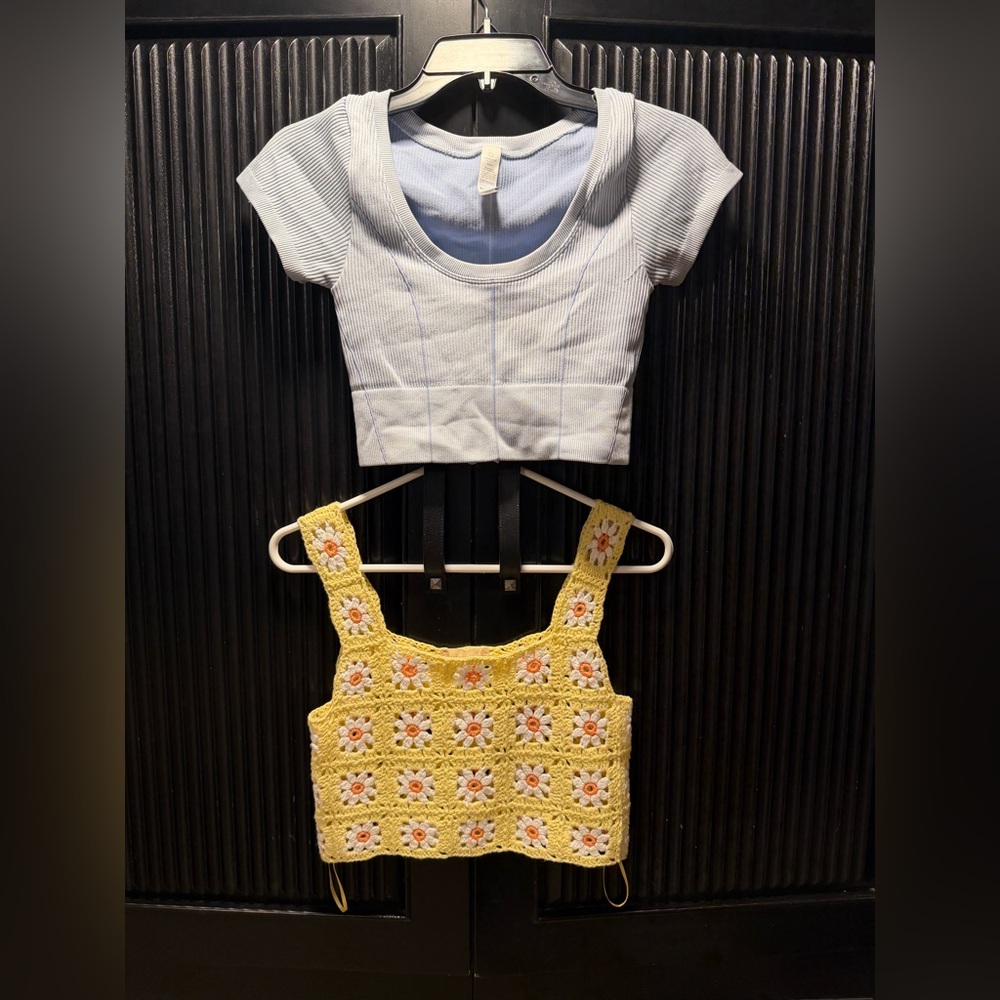 Altar'd State Yellow Crochet Daisy Tank and Offline light blue scoop shirt